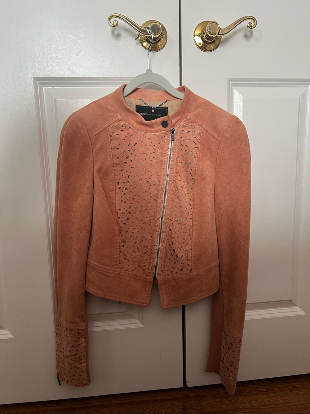BCBGMaxAzria Peach Suede Perforated Asymmetrical Jacket